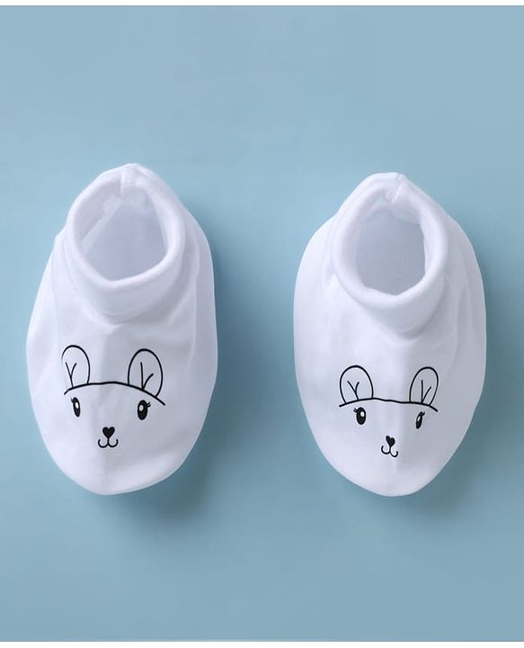 Babyhug 100% Cotton Interlock Knit Mittens & Booties with Bunny Print - Off White