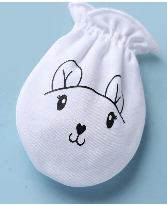Babyhug 100% Cotton Interlock Knit Mittens & Booties with Bunny Print - Off White