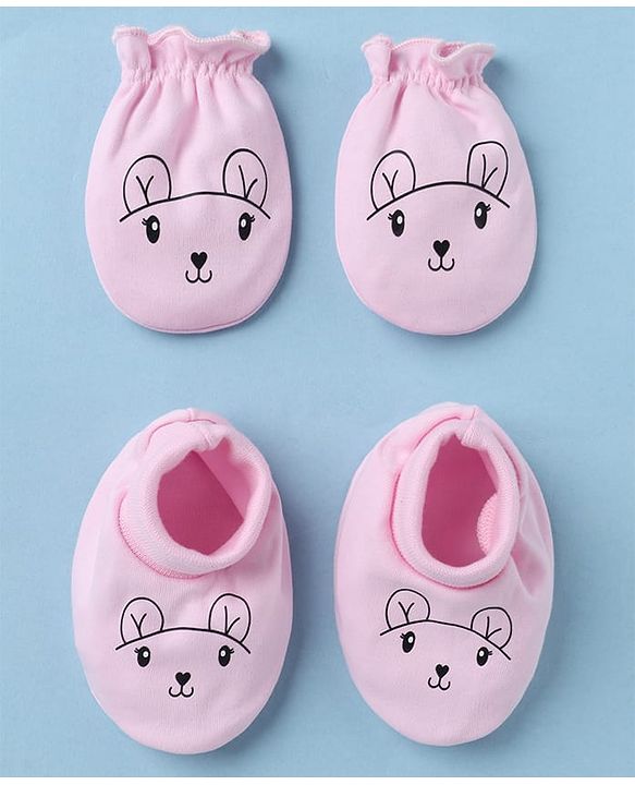 Babyhug 100% Cotton Interlock Knit Mittens & Booties With Animal Print - Pink