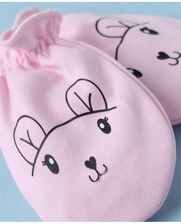 Babyhug 100% Cotton Interlock Knit Mittens & Booties With Animal Print - Pink