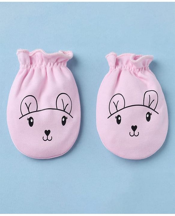 Babyhug 100% Cotton Interlock Knit Mittens & Booties With Animal Print - Pink