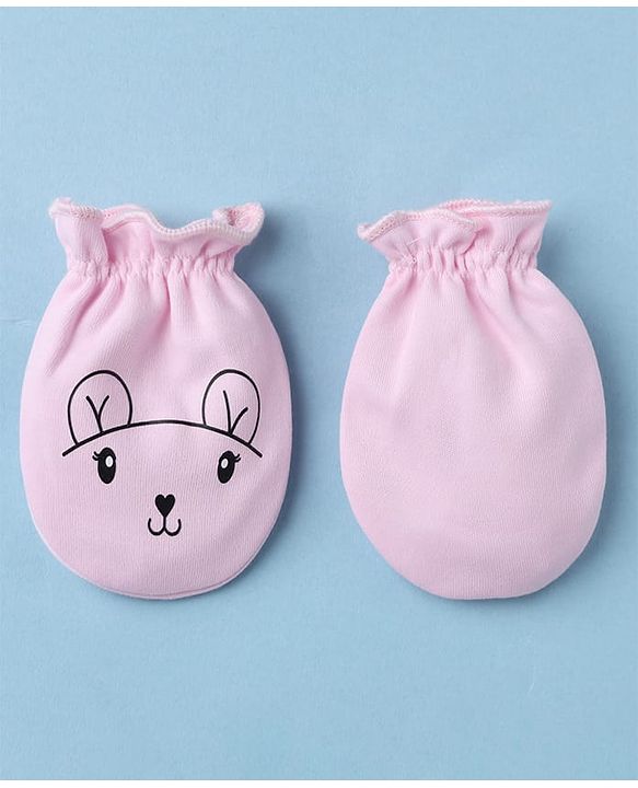 Babyhug 100% Cotton Interlock Knit Mittens & Booties With Animal Print - Pink