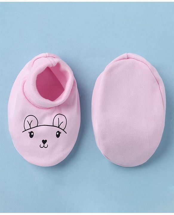 Babyhug 100% Cotton Interlock Knit Mittens & Booties With Animal Print - Pink