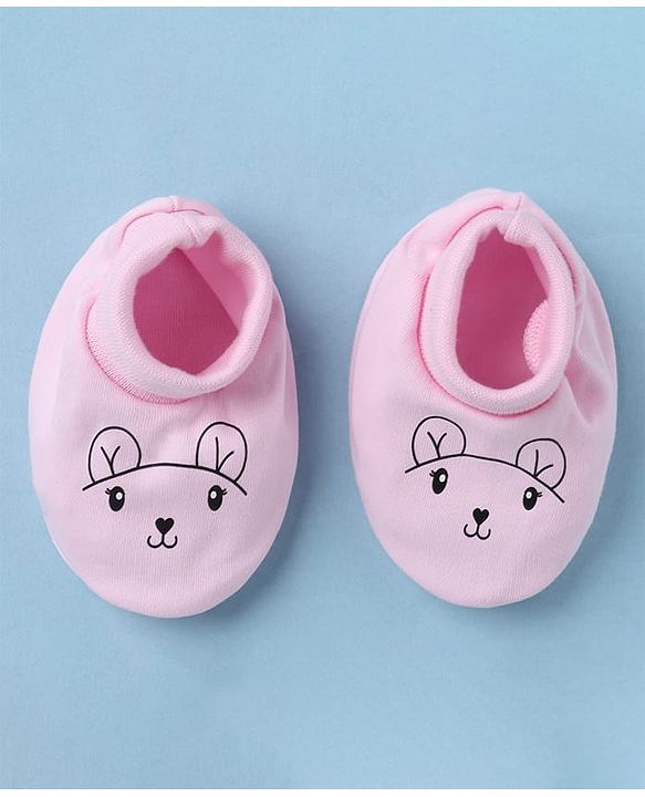 Babyhug 100% Cotton Interlock Knit Mittens & Booties With Animal Print - Pink