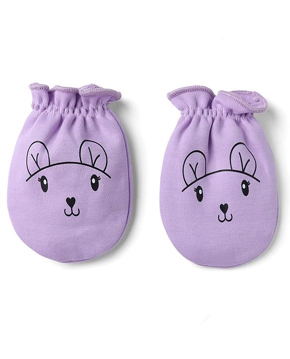 Babyhug 100% Cotton Interlock Knit Mittens & Booties With Animal Print - Lavender