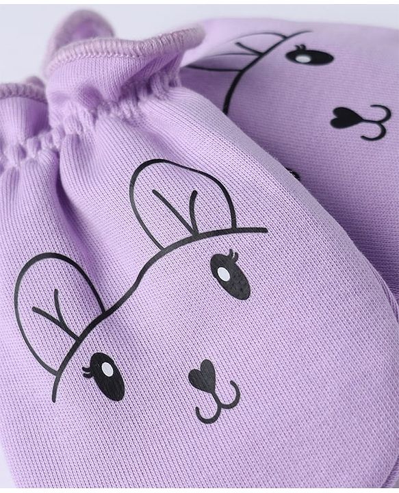 Babyhug 100% Cotton Interlock Knit Mittens & Booties With Animal Print - Lavender