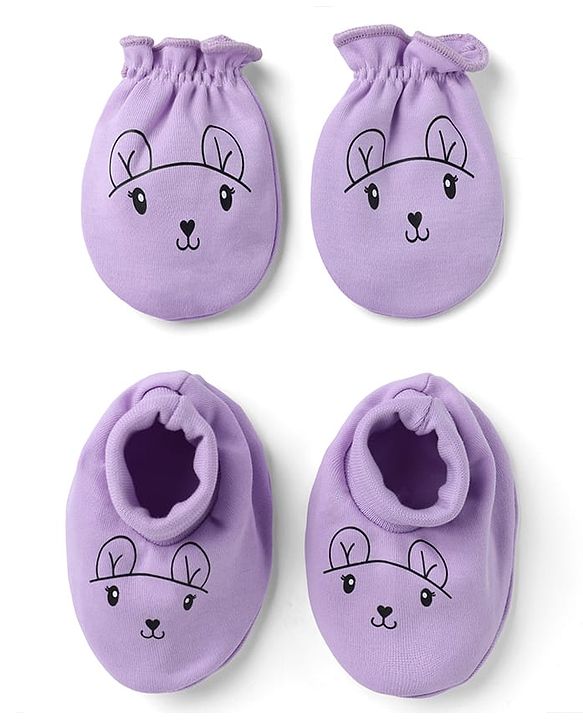 Babyhug 100% Cotton Interlock Knit Mittens & Booties With Animal Print - Lavender