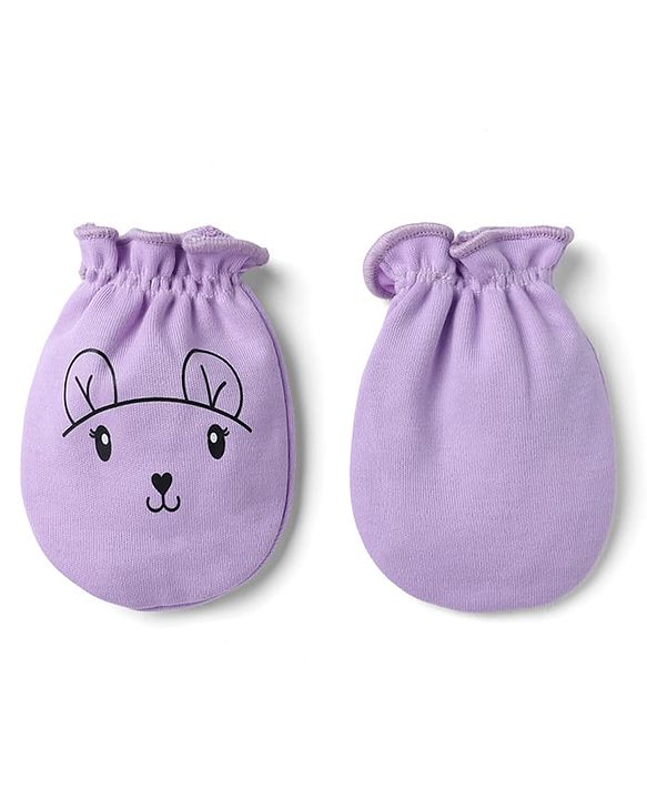 Babyhug 100% Cotton Interlock Knit Mittens & Booties With Animal Print - Lavender