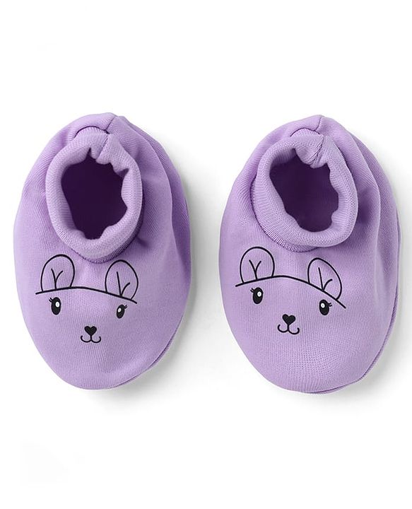 Babyhug 100% Cotton Interlock Knit Mittens & Booties With Animal Print - Lavender