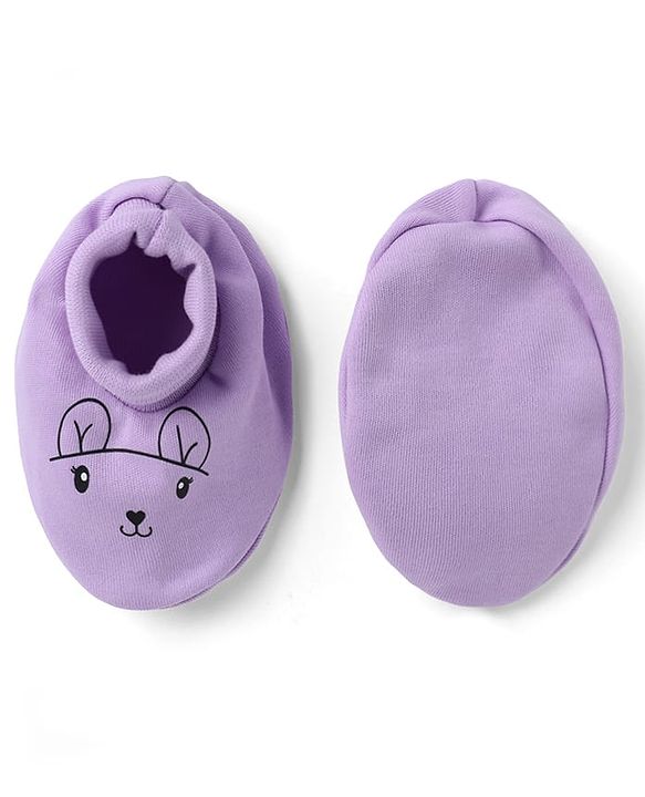 Babyhug 100% Cotton Interlock Knit Mittens & Booties With Animal Print - Lavender