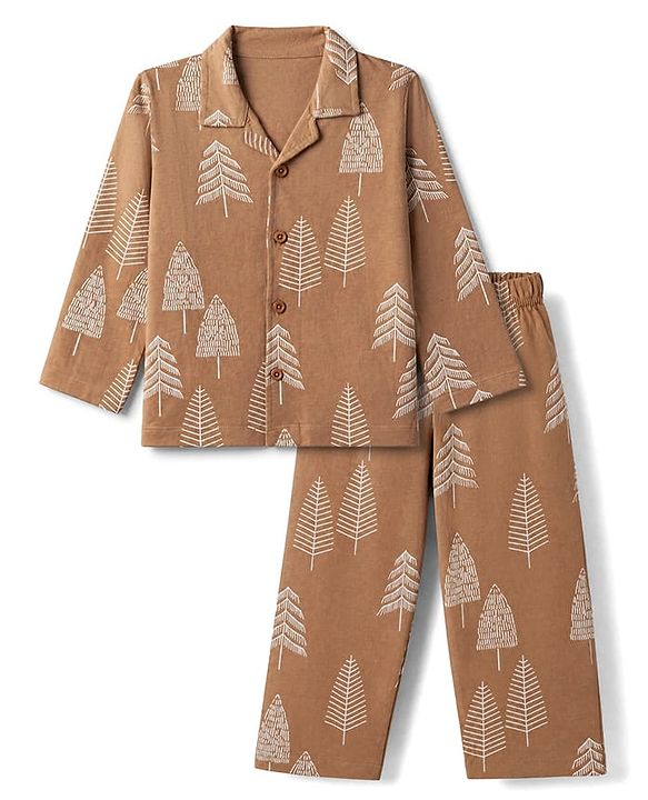 Babyhug 100% Cotton Knit Full Sleeves Co-Ords Shirt & Pyjama Night Suit with Tropical Print - Brown