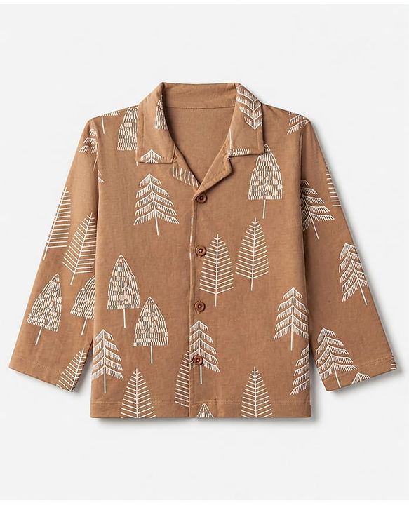 Babyhug 100% Cotton Knit Full Sleeves Co-Ords Shirt & Pyjama Night Suit with Tropical Print - Brown