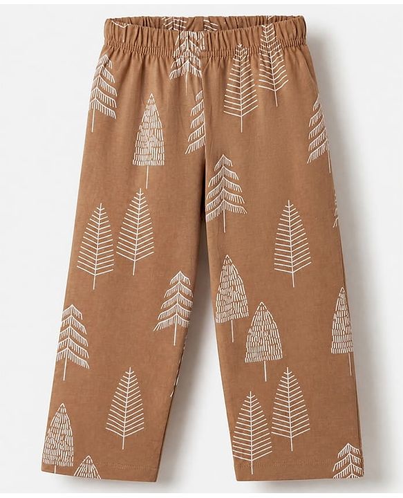 Babyhug 100% Cotton Knit Full Sleeves Co-Ords Shirt & Pyjama Night Suit with Tropical Print - Brown