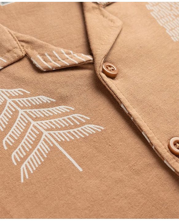Babyhug 100% Cotton Knit Full Sleeves Co-Ords Shirt & Pyjama Night Suit with Tropical Print - Brown