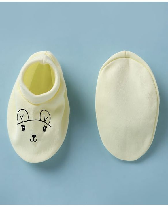 Babyhug 100% Cotton Interlock Knit Mittens & Booties with Bunny Print - Yellow
