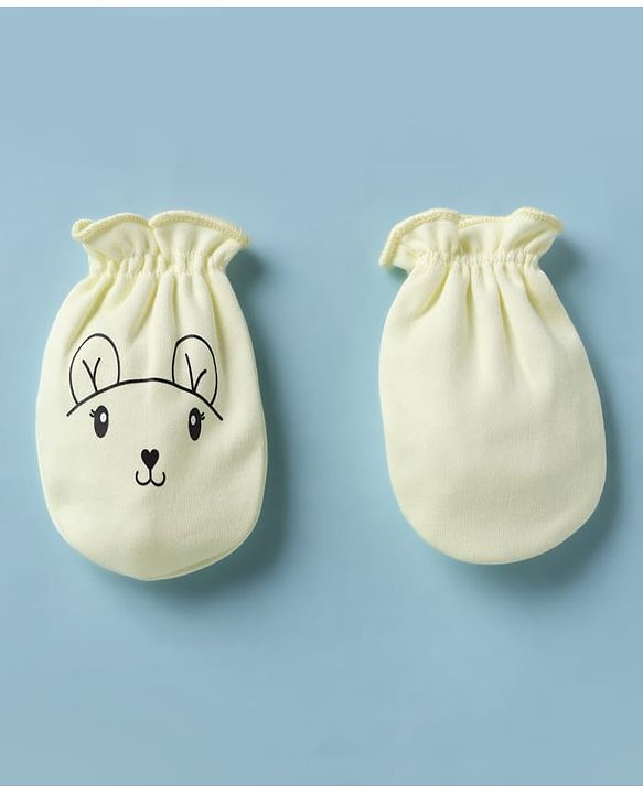 Babyhug 100% Cotton Interlock Knit Mittens & Booties with Bunny Print - Yellow