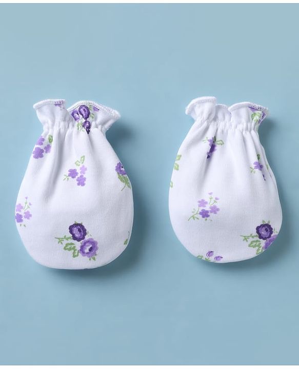 Babyhug 100% Cotton Interlock Knit Mittens & Booties with Floral Print - Lilac