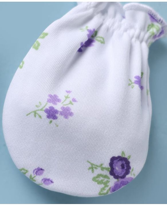 Babyhug 100% Cotton Interlock Knit Mittens & Booties with Floral Print - Lilac