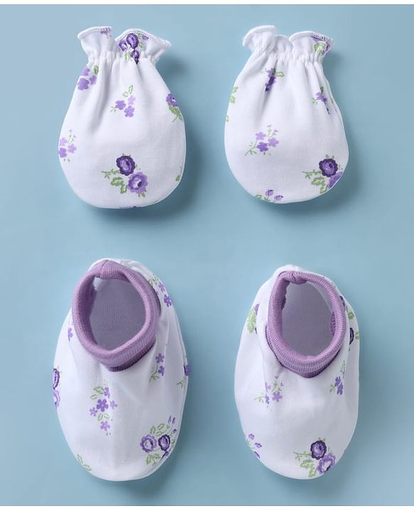 Babyhug 100% Cotton Interlock Knit Mittens & Booties with Floral Print - Lilac