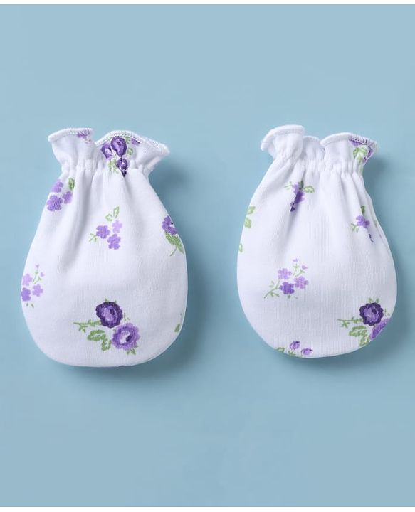 Babyhug 100% Cotton Interlock Knit Mittens & Booties with Floral Print - Lilac