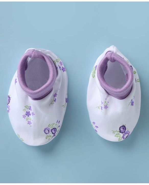 Babyhug 100% Cotton Interlock Knit Mittens & Booties with Floral Print - Lilac