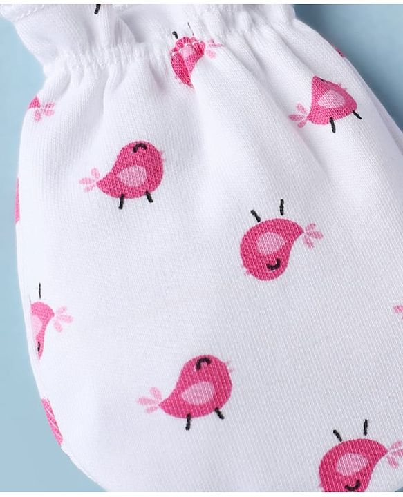 Babyhug 100% Cotton Interlock Knit Mittens & Booties with Little Birdie Print - White