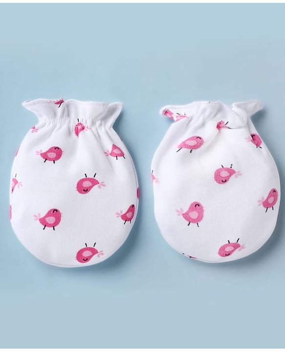 Babyhug 100% Cotton Interlock Knit Mittens & Booties with Little Birdie Print - White