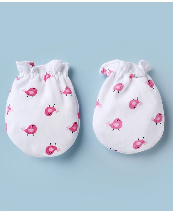Babyhug 100% Cotton Interlock Knit Mittens & Booties with Little Birdie Print - White