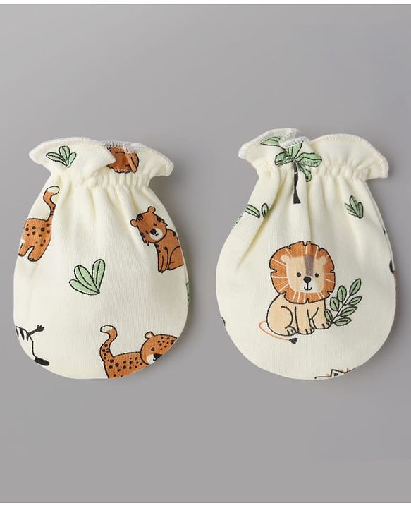 Babyhug 100% Cotton Interlock Knit Mittens & Booties With Animal Print - White