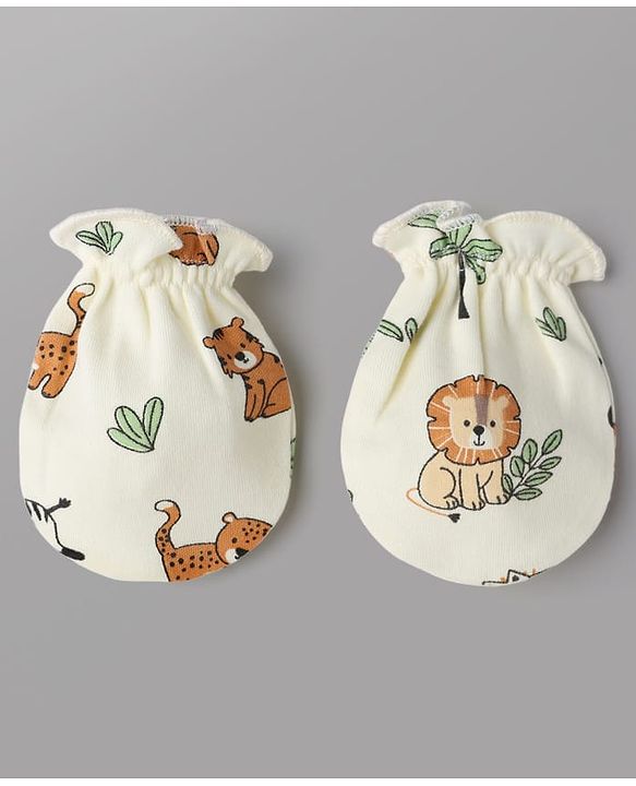 Babyhug 100% Cotton Interlock Knit Mittens & Booties With Animal Print - White