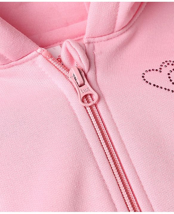 Babyhug Cotton Blend Heavy Gauge Warm Fleece Knit Sweatshirt with Full Sleeves, Front Zipper and Hearts Sequins - Light Pink