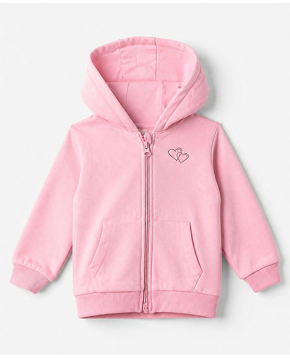 Babyhug Cotton Blend Heavy Gauge Warm Fleece Knit Sweatshirt with Full Sleeves, Front Zipper and Hearts Sequins - Light Pink