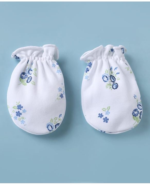 Babyhug 100% Cotton Interlock Knit Cap, Mittens & Booties with Floral Print White - Diameter 15 cm