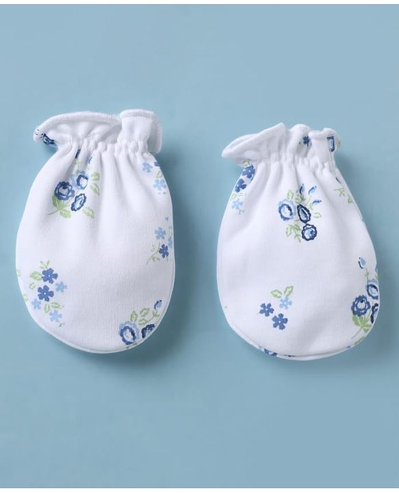 Babyhug 100% Cotton Interlock Knit Cap, Mittens & Booties with Floral Print White - Diameter 15 cm