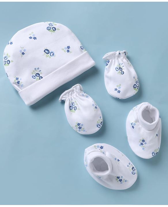 Babyhug 100% Cotton Interlock Knit Cap, Mittens & Booties with Floral Print White - Diameter 15 cm
