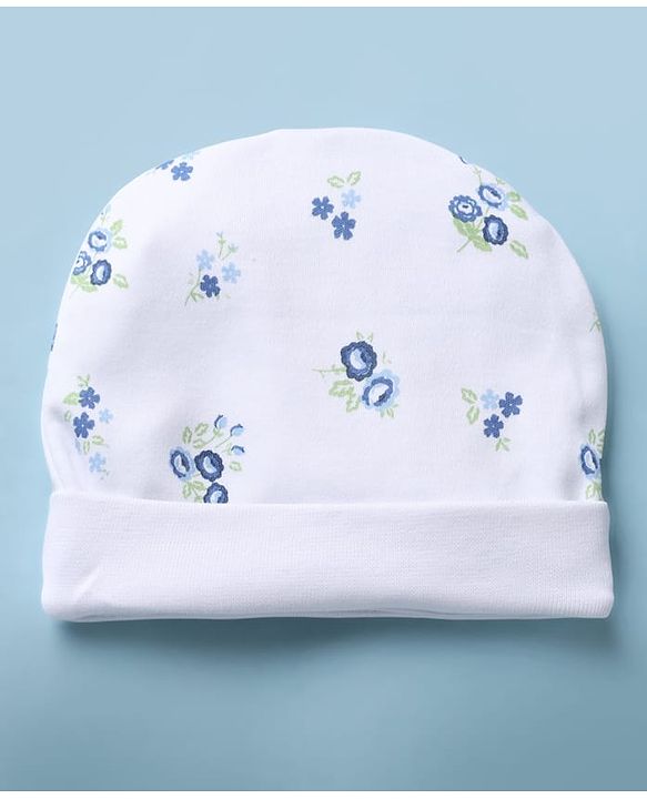 Babyhug 100% Cotton Interlock Knit Cap, Mittens & Booties with Floral Print White - Diameter 15 cm