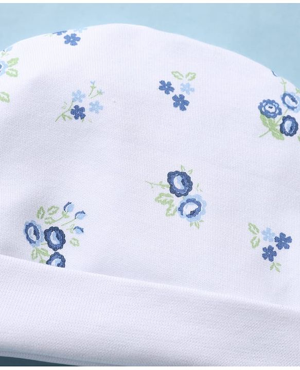Babyhug 100% Cotton Interlock Knit Cap, Mittens & Booties with Floral Print White - Diameter 15 cm
