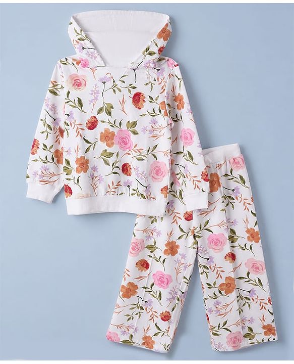 Babyhug 100% Cotton Terry Knit Full Sleeves Hooded Top & Pants Co-Ords Set With Floral Print - Cream
