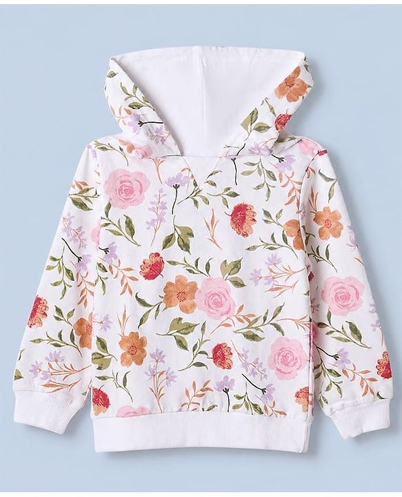 Babyhug 100% Cotton Terry Knit Full Sleeves Hooded Top & Pants Co-Ords Set With Floral Print - Cream