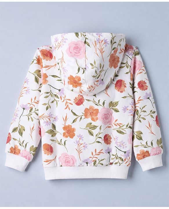 Babyhug 100% Cotton Terry Knit Full Sleeves Hooded Top & Pants Co-Ords Set With Floral Print - Cream