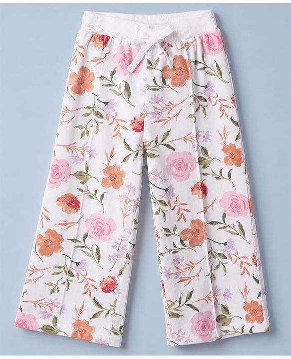 Babyhug 100% Cotton Terry Knit Full Sleeves Hooded Top & Pants Co-Ords Set With Floral Print - Cream
