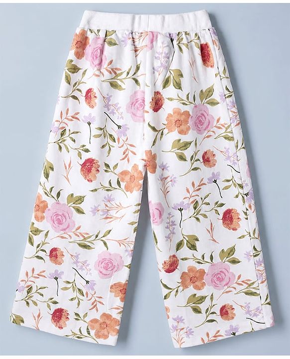 Babyhug 100% Cotton Terry Knit Full Sleeves Hooded Top & Pants Co-Ords Set With Floral Print - Cream