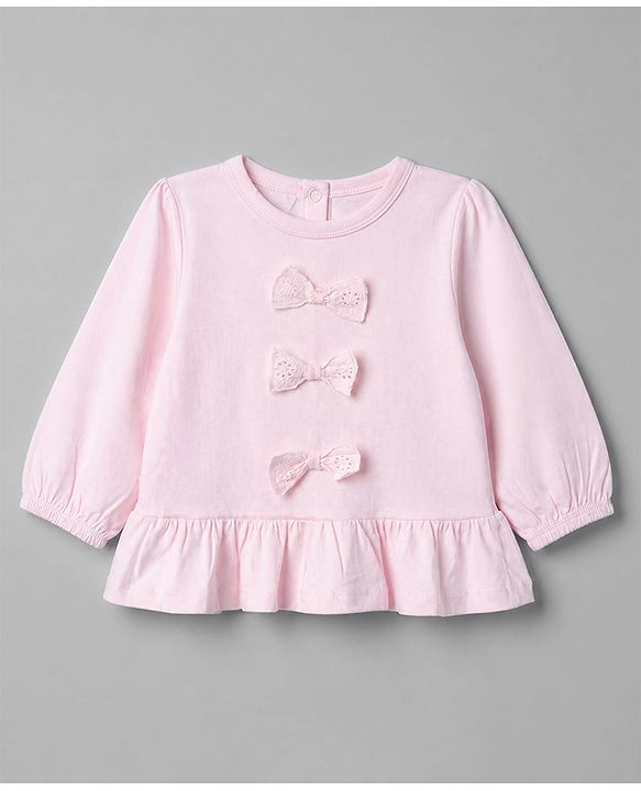 Babyhug 100% Cotton Single Jersey Knit Top and Legging with Full Sleeves and Bow Applique and Floral Print - Pink