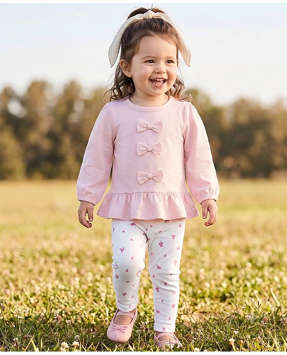 Babyhug 100% Cotton Single Jersey Knit Top and Legging with Full Sleeves and Bow Applique and Floral Print - Pink