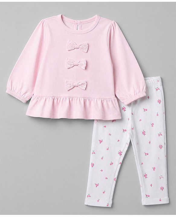 Babyhug 100% Cotton Single Jersey Knit Top and Legging with Full Sleeves and Bow Applique and Floral Print - Pink