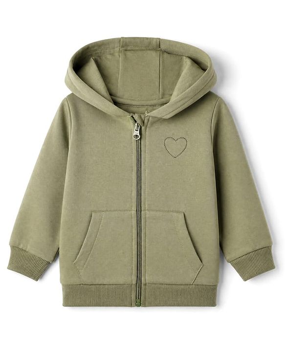 Babyhug Cotton Fleece Knit Sweatshirt with Full Sleeves and Heart Embroidery in Olive Green
