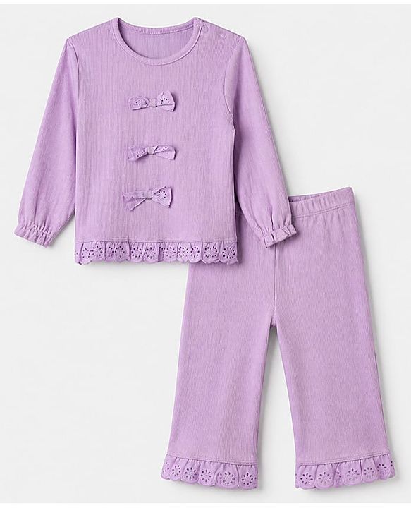 Babyhug 100% Cotton Rib Knit Full Sleeves Top and Leggings with Bow Applique - Lavender