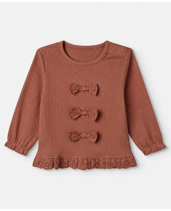 Babyhug 100% Cotton Rib Knit Full Sleeves Top and Leggings with Bow Applique - Brown
