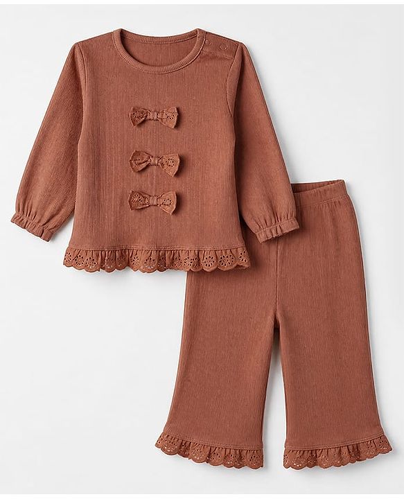 Babyhug 100% Cotton Rib Knit Full Sleeves Top and Leggings with Bow Applique - Brown