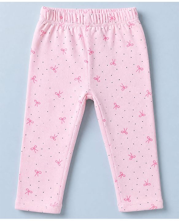 Babyhug 100% Cotton Single Jersey Knit Top and Leggings with Full Sleeves and Bow Applique with Bow and Polka Dots Print - Pink
